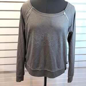 Rock & Republic Top Studded Sparkle Skeleton Skull Wings Raw Edge Trim Zippers L